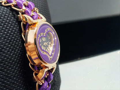 Golden Bracelet With Purple Ribbon Watch For Women