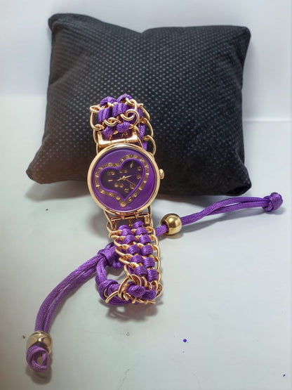 Golden Bracelet With Purple Ribbon Watch For Women