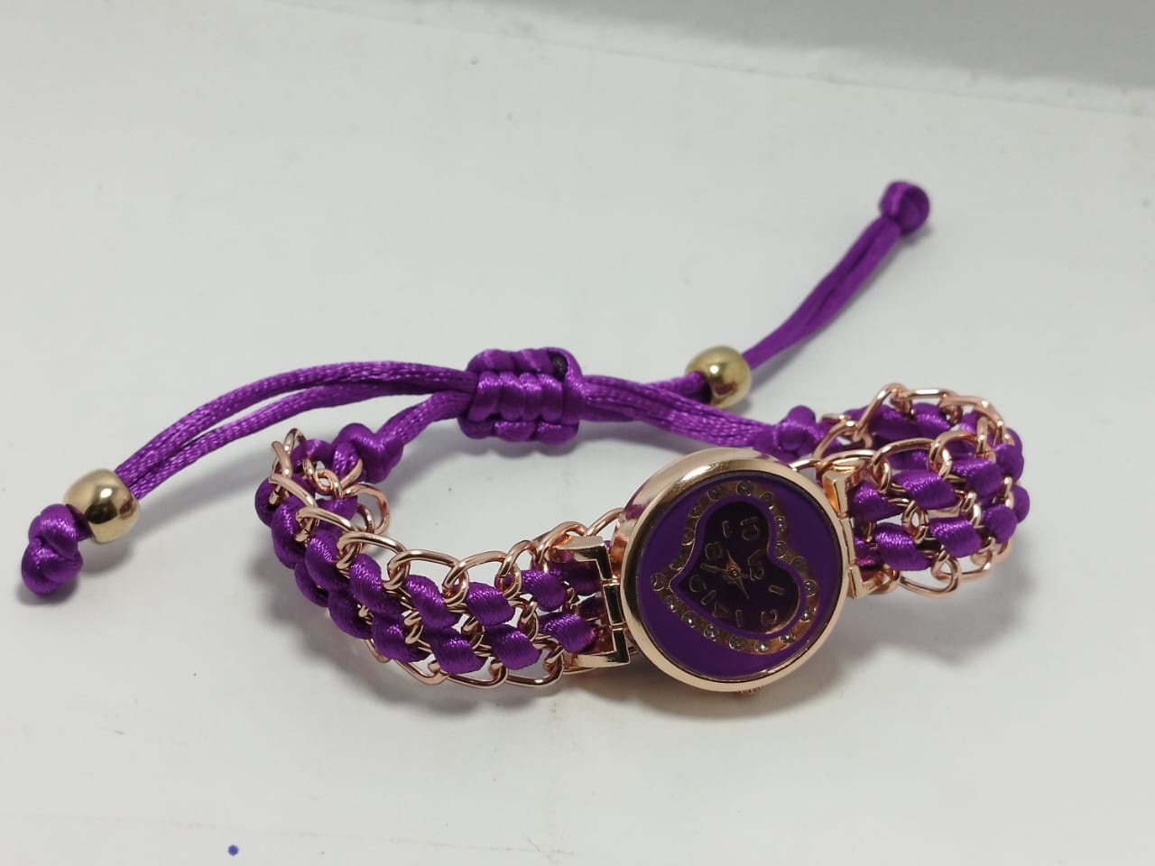 Golden Bracelet With Purple Ribbon Watch For Women