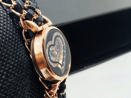 Golden Bracelet With Black Ribbon Watch For Women