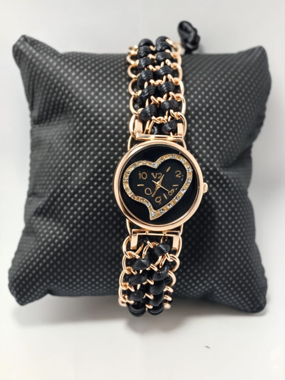 Golden Bracelet With Black Ribbon Watch For Women