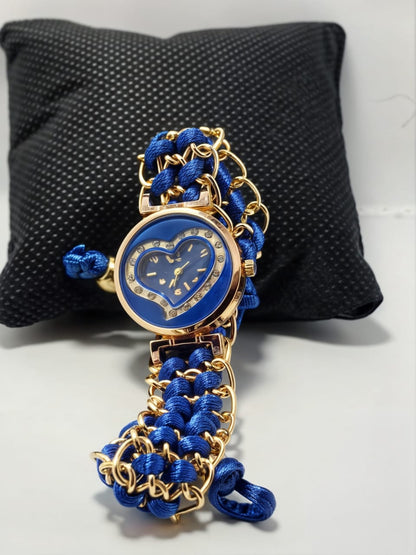 Golden Bracelet With Blue Ribbon Watch For Women