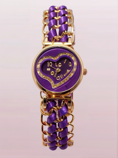 Golden Bracelet With Purple Ribbon Watch For Women