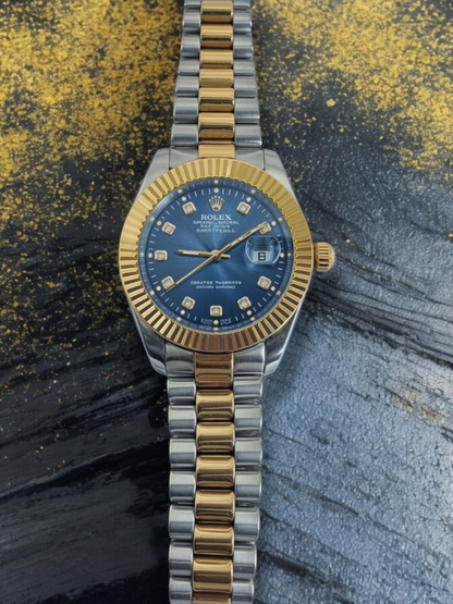 Gold & Silver Blue Dial R-Branded Chain Watch For Men